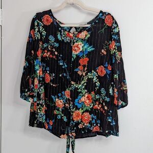 HIP Plus Flowy Floral Metallic Stripe Tie Front Blouse Black/Multi Boho